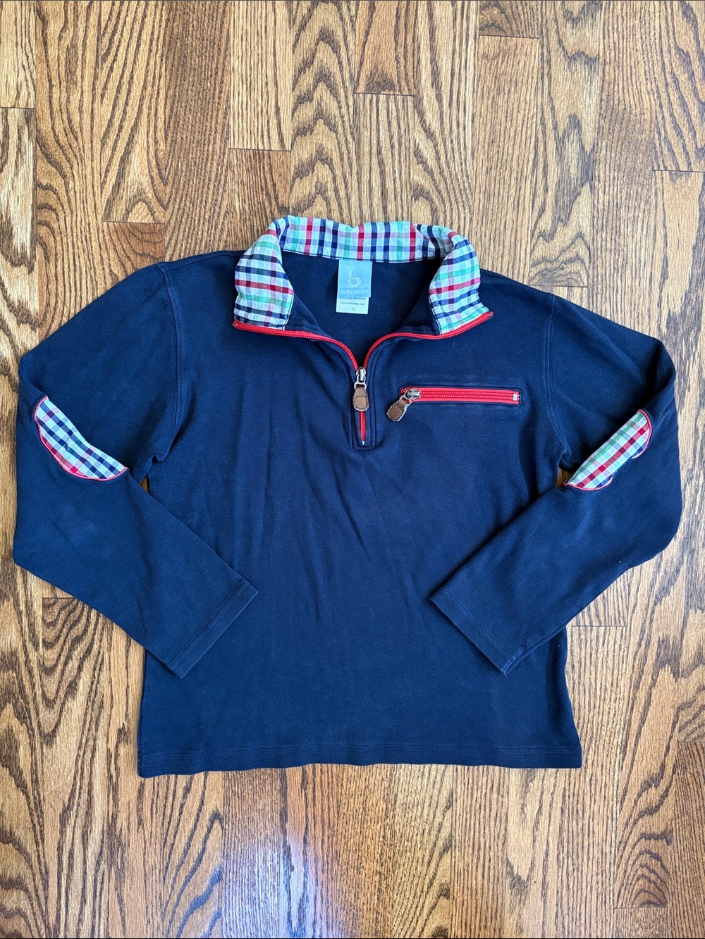 bella bliss Navy Quarter-Zip with Plaid Trim and Red Zip Pocket, size boys’ 12.